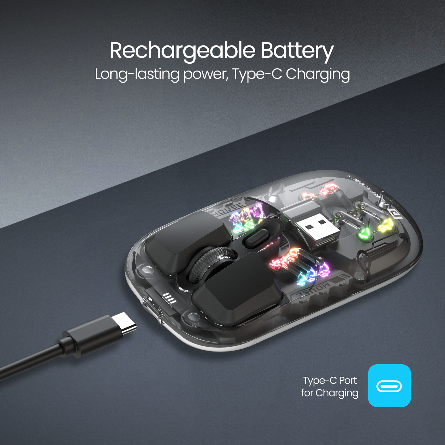 PORTRONICS Toad 5 Transparent Wireless Mouse Bluetooth & 2.4 GHz Wireless | Rechargeable | RGB Lighting | Keyboard-like Buttons