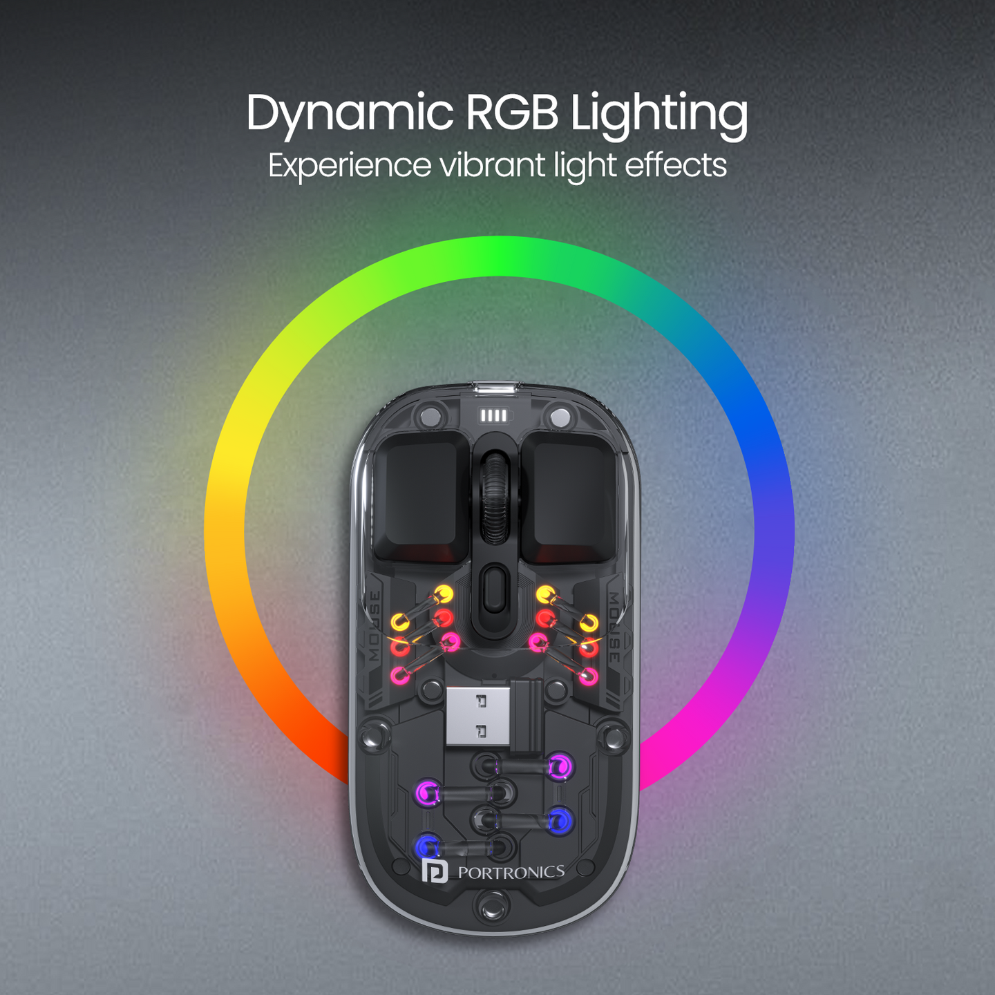 PORTRONICS Toad 5 Transparent Wireless Mouse Bluetooth & 2.4 GHz Wireless | Rechargeable | RGB Lighting | Keyboard-like Buttons