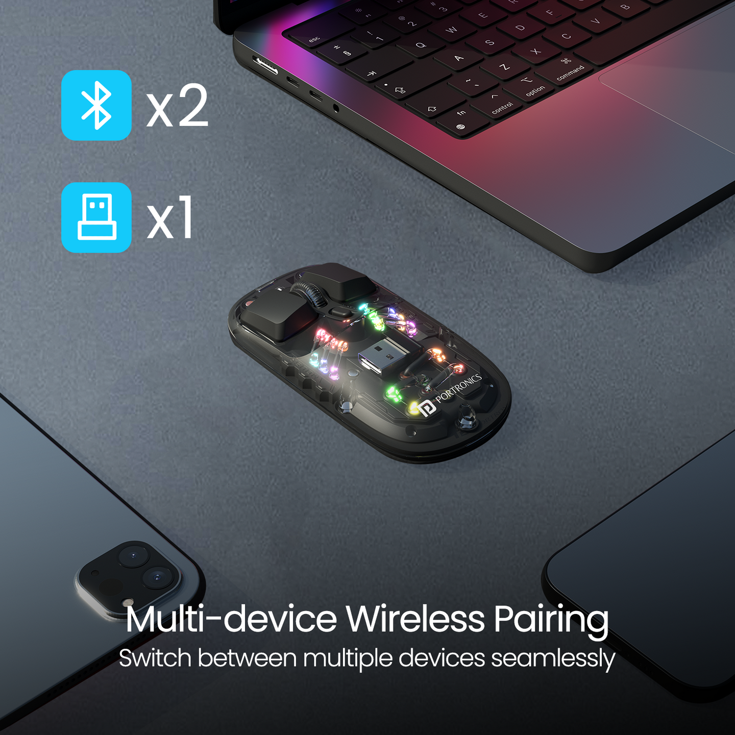 PORTRONICS Toad 5 Transparent Wireless Mouse Bluetooth & 2.4 GHz Wireless | Rechargeable | RGB Lighting | Keyboard-like Buttons
