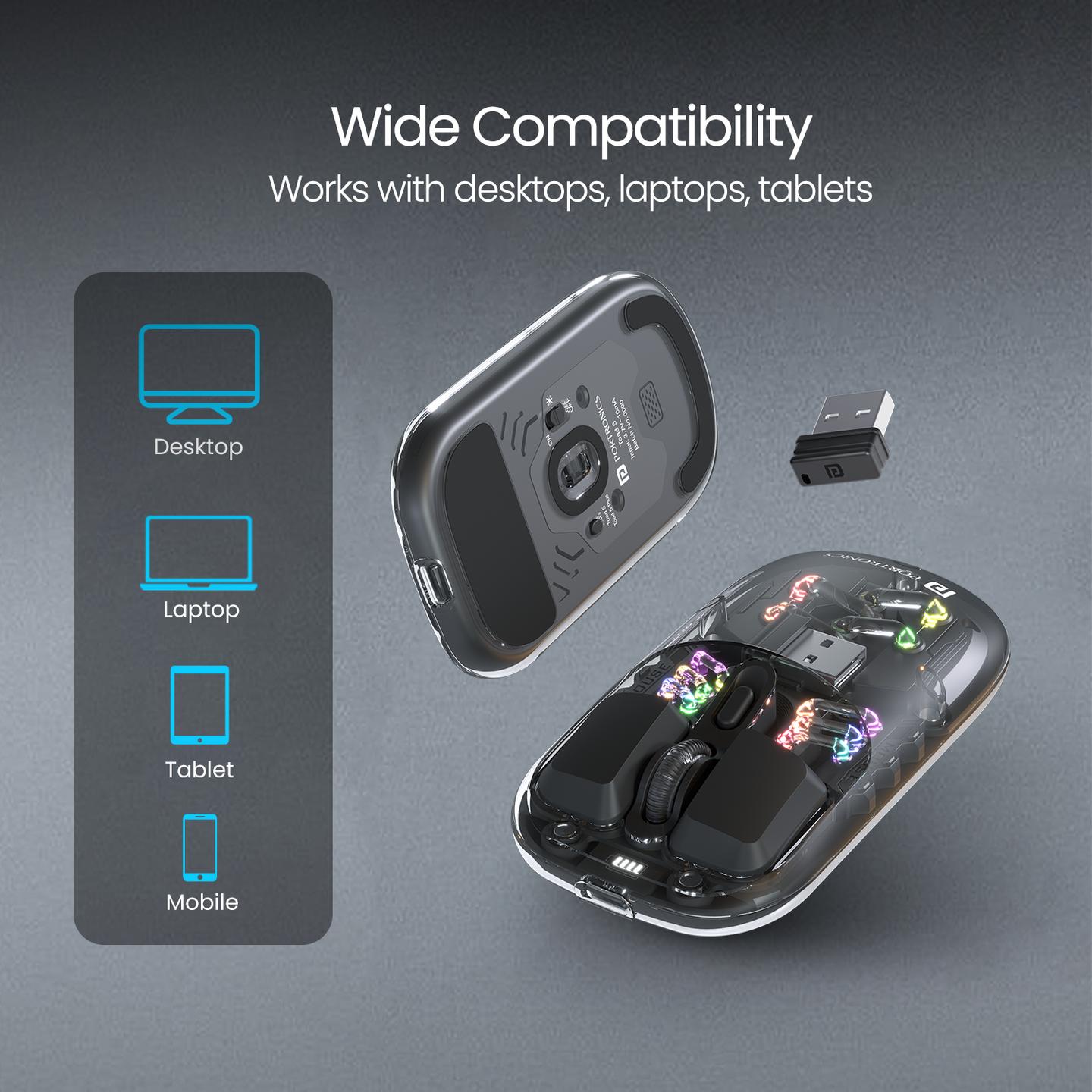 PORTRONICS Toad 5 Transparent Wireless Mouse Bluetooth & 2.4 GHz Wireless | Rechargeable | RGB Lighting | Keyboard-like Buttons