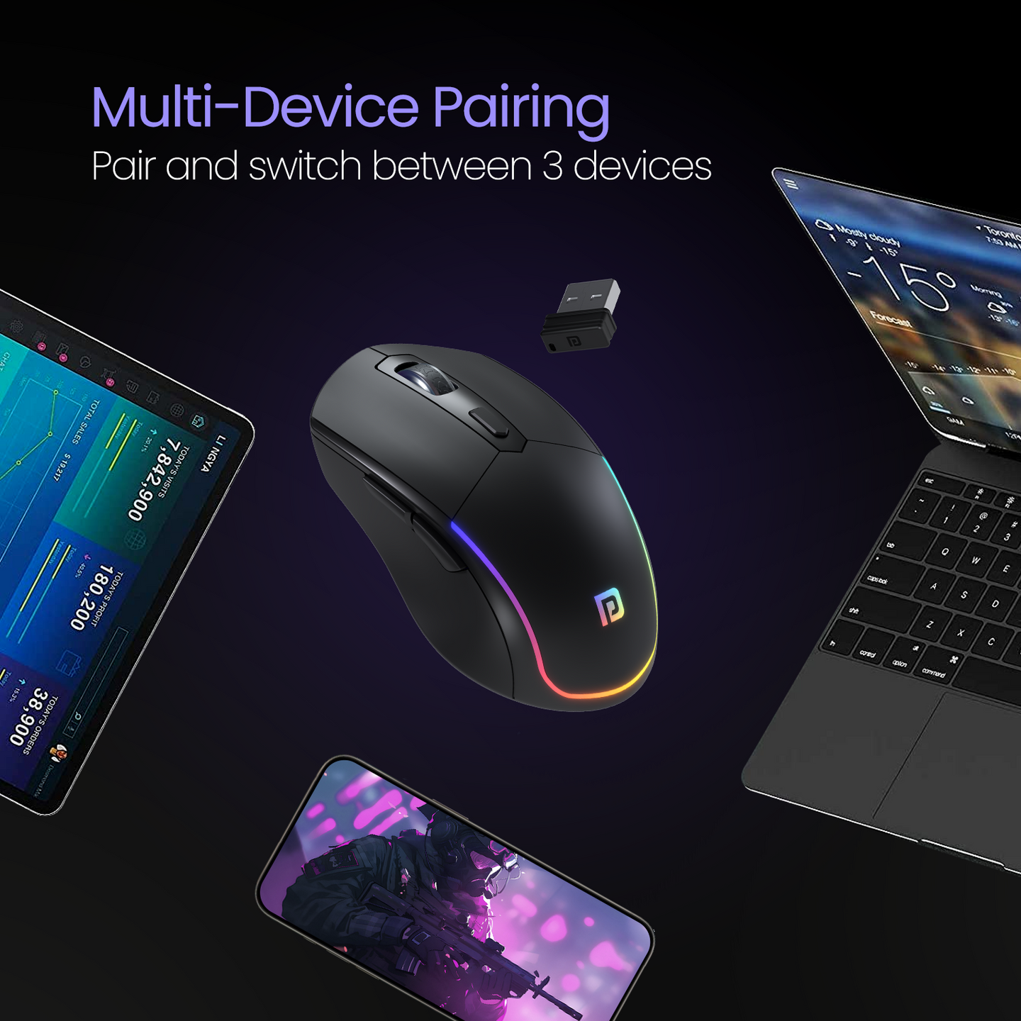 PORTRONICS Toad One Wireless Optical Mouse Adjustable DPI resolution | Type-C charging | 2.4 GHz operating speed | Auto Power Saving