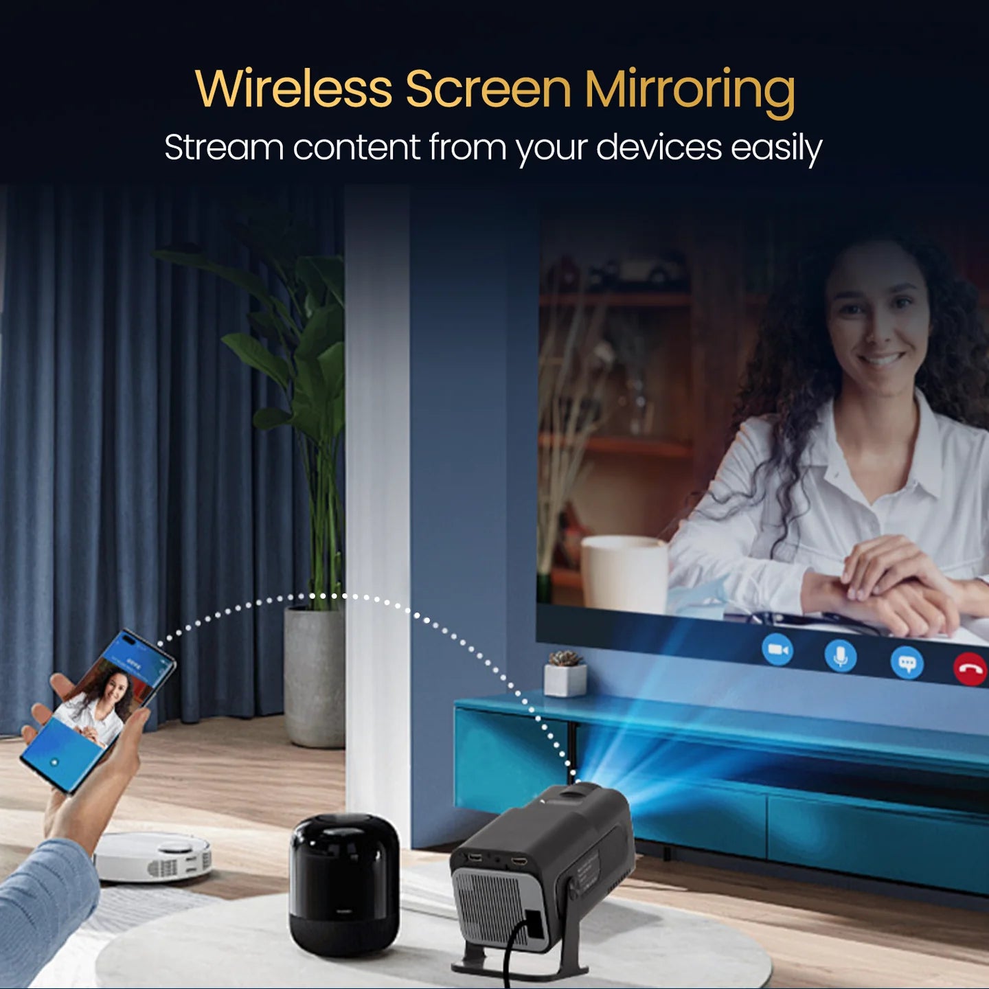 PORTRONICS Beem 470 Smart LED Projector | Streaming Apps | 1080p Full HD | 4500 Lumens | Angle Adjustable