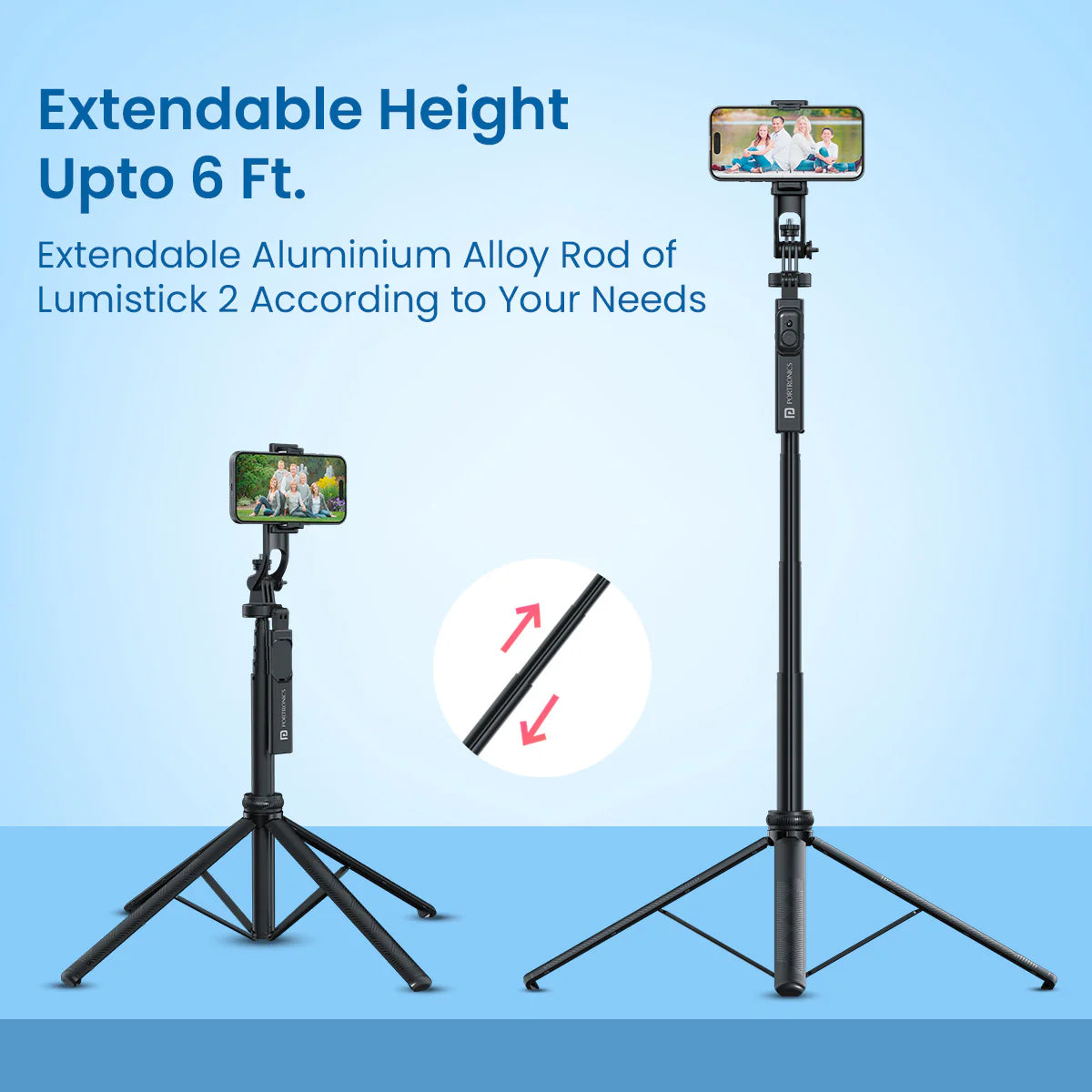 PORTRONICS Lumistick 2 Smart Selfie Stick with Adjustable 4 Legs | Bluetooth Remote Control | 360° Angular Adjustment