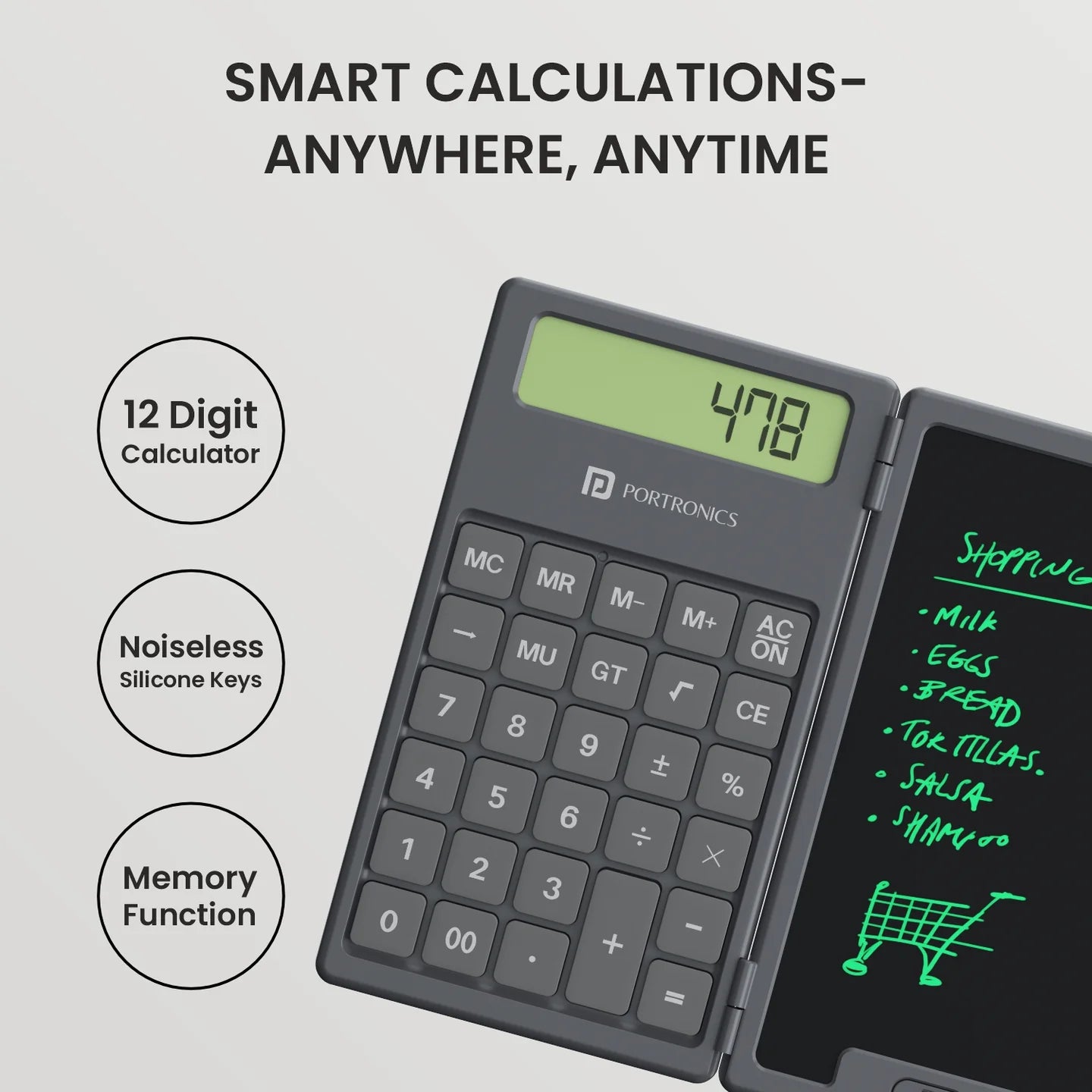 PORTRONICS Ruffpad Calc 2 In 1 LCD Writing Pad With 6.5 inches Digital Calculator | Foldable Design | 6.5 Inches Screen | Calculator | One-Tap Erase - | Buy Online at Shwetha Computers