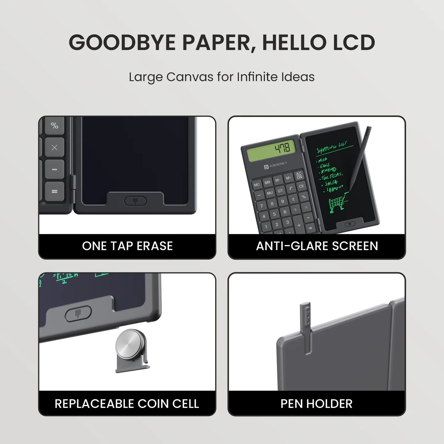 PORTRONICS Ruffpad Calc 2 In 1 LCD Writing Pad With 6.5 inches Digital Calculator | Foldable Design | 6.5 Inches Screen | Calculator | One-Tap Erase - | Buy Online at Shwetha Computers