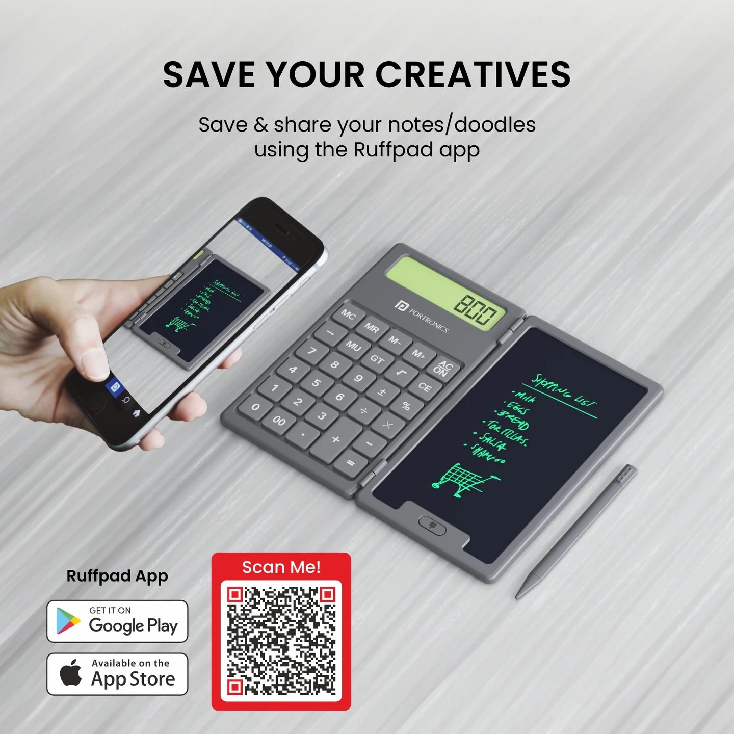 PORTRONICS Ruffpad Calc 2 In 1 LCD Writing Pad With 6.5 inches Digital Calculator | Foldable Design | 6.5 Inches Screen | Calculator | One-Tap Erase - | Buy Online at Shwetha Computers