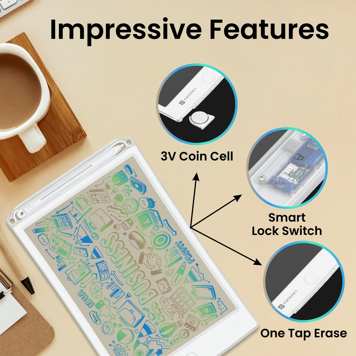PORTRONICS Ruffpad One Transparent Multicolor LCD Writing pad | Multicolor LCD | 8.5 Inches Screen | Transparent LCD | Smart Lock - | Buy Online at Shwetha Computers