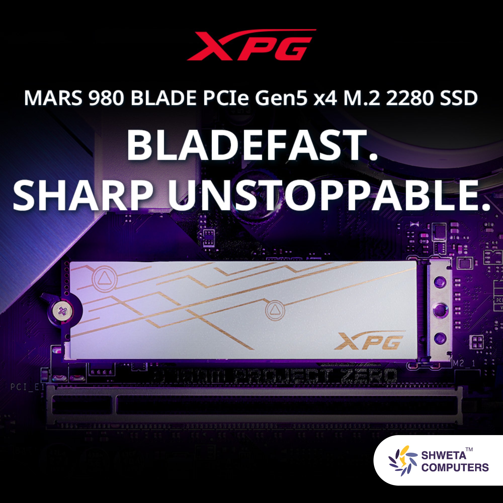 XPG MARS 980 Blade PCIe SSD with branding and product details on a dark background