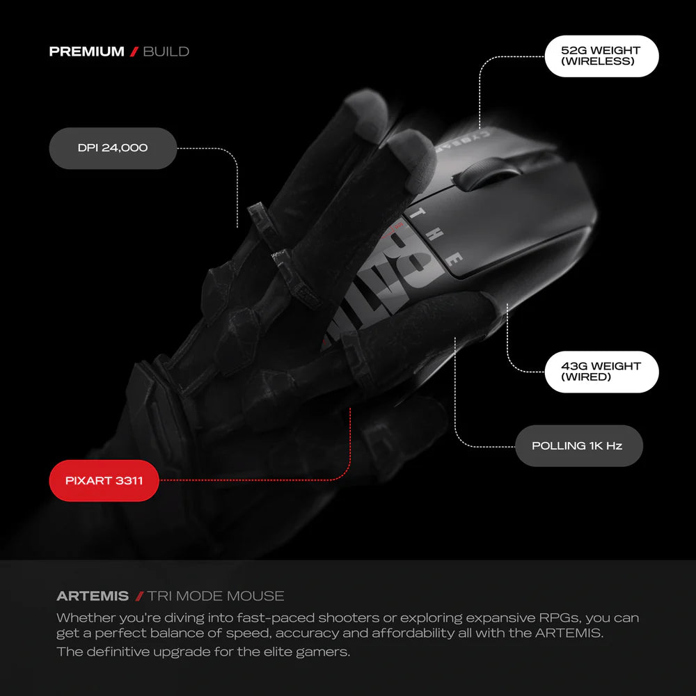 Cybeart Artemis - The Batman | 1K 52g Ultra-light Hot-Swap Tri-Mode Gaming Mouse - | Buy Online at Shwetha Computers
