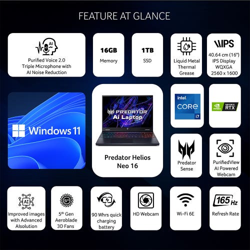 Acer Predator Helios Neo 16 (PHN16-72) Gaming Laptop 14th Gen Intel Core i7 Processor, RTX 4050, 16 GB, 1 TB SSD, 16