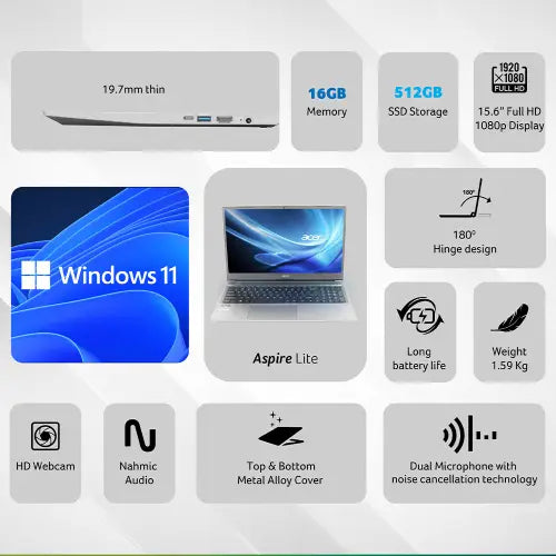 Acer Aspire Lite (AL15-41) Gaming Laptop AMD Ryzen 5 7430U processor, AMD Radeon Graphics, 16 GB, 512GB SSD, 15.6
