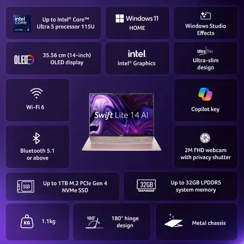 Acer Swift Lite (SFL14-54M) Gaming Laptop Ultra 5 processor 115U, Intel Graphics, 16 GB, 512GB SSD,14" WUXGA, NX.DB8SI.001 - | Buy Online at Shwetha Computers