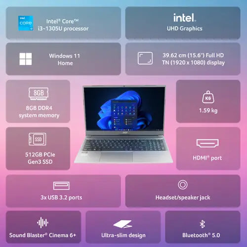 Acer Aspire Lite (AL15-53) Gaming Laptop Intel Core i3-1305U, Intel UHD Graphics, 8 GB, 512GB SSD, 15.6" FHD, UN.34ESI.005