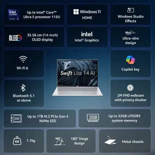 Acer Swift Lite (SFL14-54M) Gaming Laptop Ultra 5 processor 115U, Intel Graphics, 16 GB, 512GB SSD, 14" WUXGA, NX.D2GSI.001 - | Buy Online at Shwetha Computers