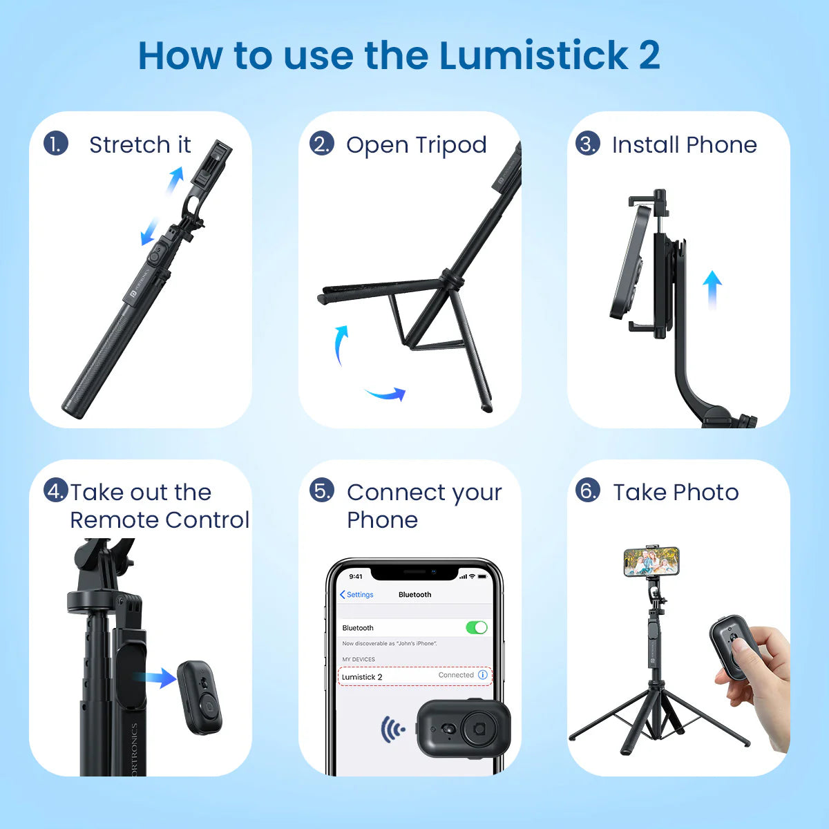 PORTRONICS Lumistick 2 Smart Selfie Stick with Adjustable 4 Legs | Bluetooth Remote Control | 360° Angular Adjustment