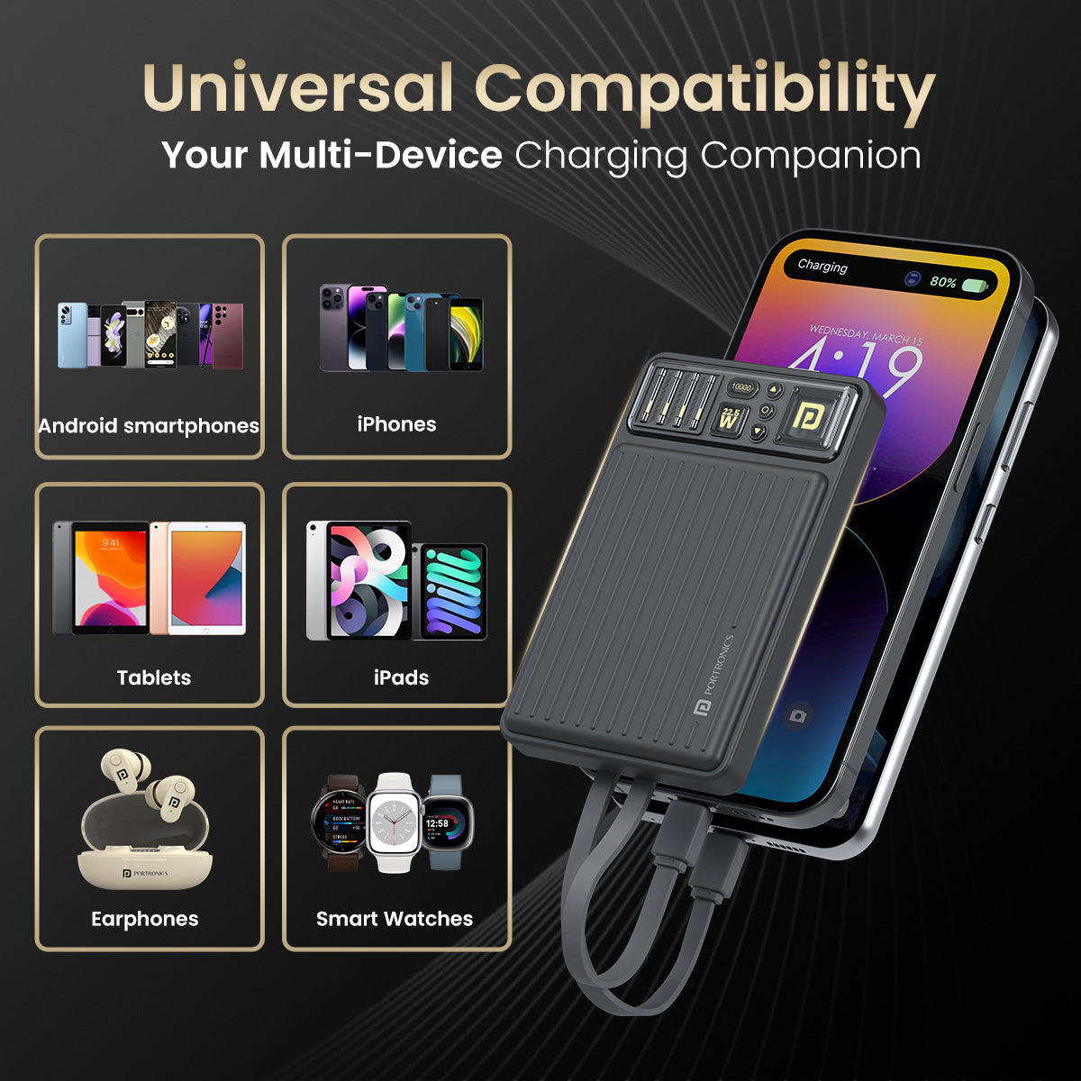 PORTRONICS Luxcell Bind Mini 10K Powerbank | In Built Type C & 8 Pin Cable |22.5W Fast Charging |Compact & Light Weight |Triple Output