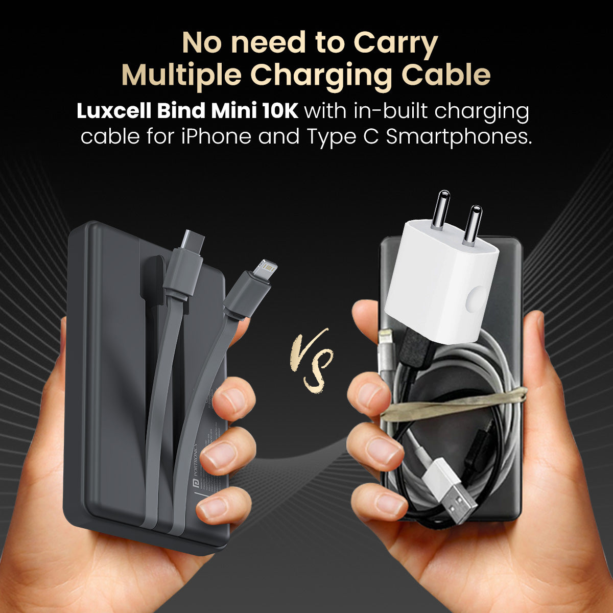 PORTRONICS Luxcell Bind Mini 10K Powerbank | In Built Type C & 8 Pin Cable |22.5W Fast Charging |Compact & Light Weight |Triple Output