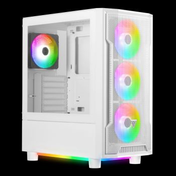 Gamdias Athena M6 White Cabinet ((Mid Tower, Front Mesh Panel,Pre-installed Fans : Front: 4 x 120mm  ARGB PWM Fans  , Triple-sided Underglow ,I/O Front Panel With ARGB  Lighting,410 x 230 x 477 mm